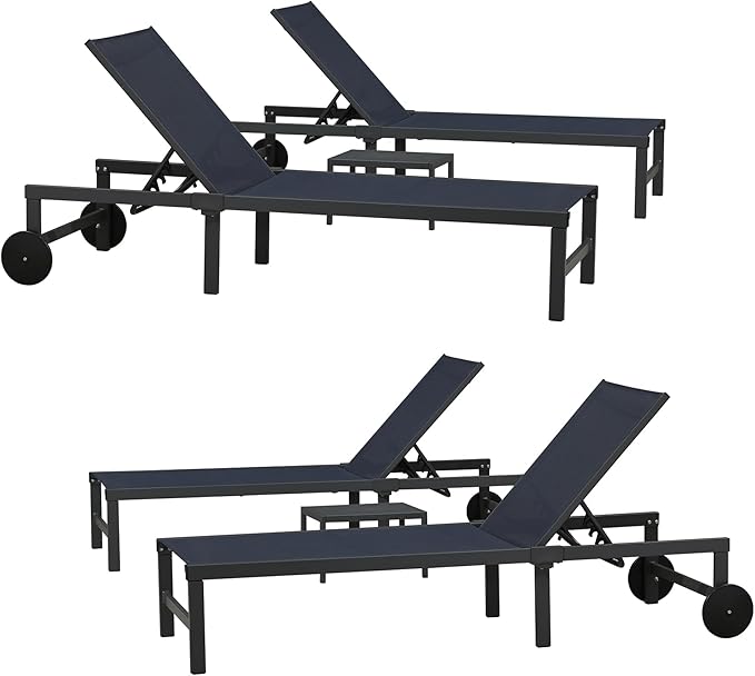 PURPLE LEAF Outdoor Chaise Lounge Chairs Set Recliner Adjustable Chair with Wheels and Table for Poolside Beach Patio Aluminum Reclining Sunbathing Lounger, Navy Blue