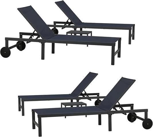 PURPLE LEAF Outdoor Chaise Lounge Chairs Set Recliner Adjustable Chair with Wheels and Table for Poolside Beach Patio Aluminum Reclining Sunbathing Lounger, Navy Blue