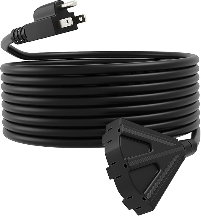 50FT Outdoor Extension Cord, 16/3 SJTW Tri-Tap Power Cable, Weatherproof, Heavy Duty Extension Cord for Holiday Decoration and Landscaping Lights,Black