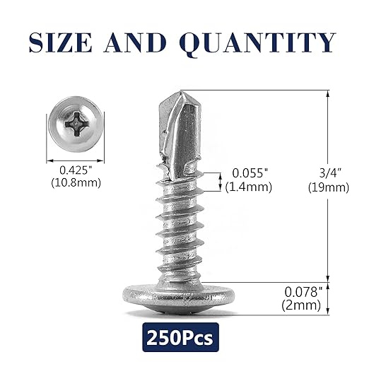 #8 x 3/4" Sheet Metal Screws 250PCS 410 Stainless Steel Truss Head Fast Self Tapping Screws by SG TZH