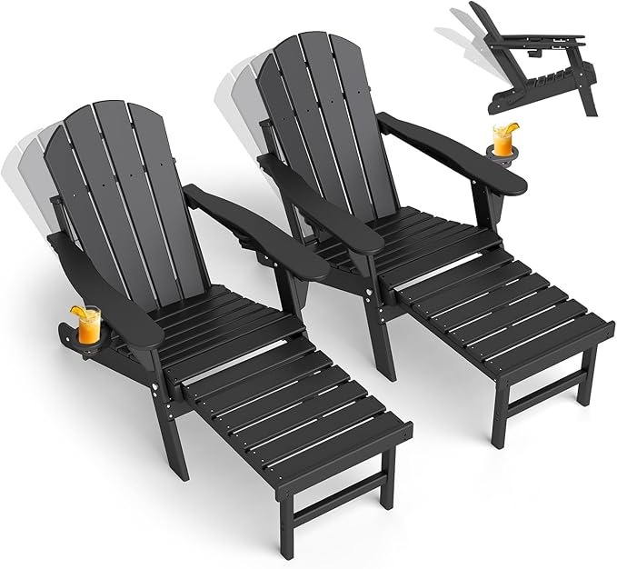 GREENVINES Adjustable Adirondack Chair with Retractable Ottoman Set of 2 | Folding | HDPE Plastic | Fire Pit Chairs w/Foot Rest | 2 Cup Holders | Black | for Outdoor Patio Poolside Deck