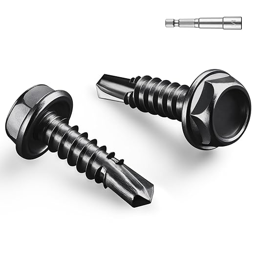 #6 x 1/2 Inch Self Drilling Screws, (318pcs) 1 lbs Black Self Tapping Screws for Metal, 410 Stainless Steel Hex Washer Head Sheet Metal Screw