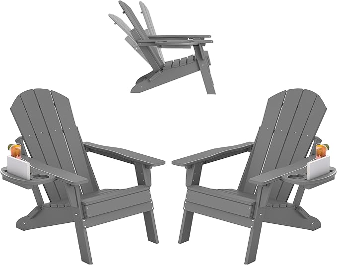 FOOWIN Folding Adjustable Adirondack Chair Set of 2,HDPE Adirondack Chair w/4 in 1 Cup Holder Trays,All-Weather Resistant Fire Pit Chair, Outdoor Chair for Patio Lawn Poolside,400lbs,Dark Grey