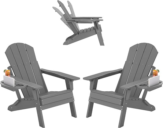 FOOWIN Folding Adjustable Adirondack Chair Set of 2,HDPE Adirondack Chair w/4 in 1 Cup Holder Trays,All-Weather Resistant Fire Pit Chair, Outdoor Chair for Patio Lawn Poolside,400lbs,Dark Grey
