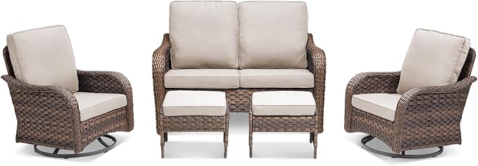 5 Pieces Patio Furniture Set, Outdoor Wicker Sofa with Swivel Patio Chairs, Ottomans, All Weather High Back Rattan Loveseat Couch with Comfy Cushions, Brown/Beige