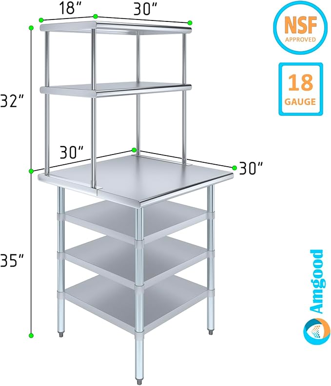 Amgood 30" x 30" Stainless Steel Work Table with 3 Shelves and 18" Wide Double Tier Overshelf | Metal Kitchen Prep Table & Shelving Combo | NSF