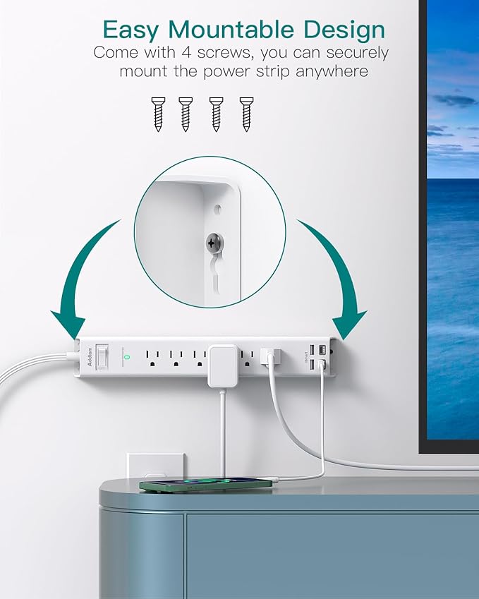 Surge Protector Power Strip 15ft, Addtam 6 AC Outlets 4USB (2 USB C) Ports, Flat Plug with Long Extension Cord, Desktop Charging Station, Wall Mountable for Home, Office, Dorm Essentials, ETL Listed