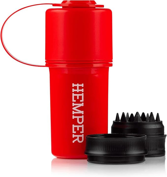 Hemper Keeper 3‑in‑1 Herb Grinder with Dual Storage Container - Smell‑Proof, Airtight & Water‑Resistant - Built‑In Removable Grinder, Dual Compartments for Flower & Ground - (Red)
