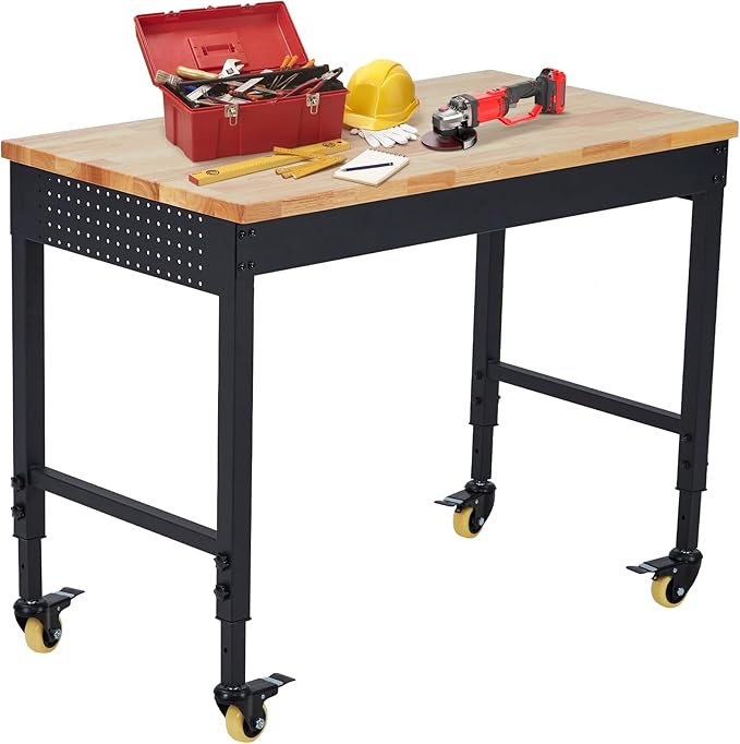 48"x24" Heavy-Duty Adjustable Workbench - 2000LB Capacity Work Bench with Rubberwood Top, Locking Wheels & Power Outlets, 27.8"-39.5" Height, Mobile Garage Workstation for Workshop/Home DIY