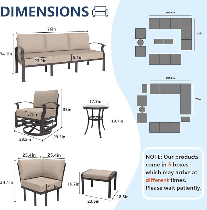 13-seat Aluminum Patio Furniture Set, L-Shaped Sectional Sofa with 2 Swivel Chairs, 5.1" Cushions, High Backrest & 2 Footstools, Durable Outdoor Patio Furniture Set, Backyard, Poolside - Sand
