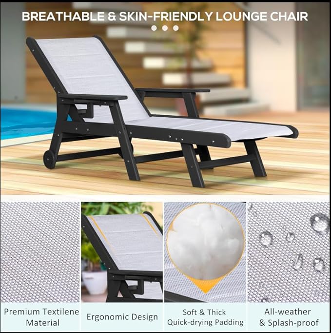 Outdoor Chaise Lounge Chair Set of 2, 5-Position Adjustable Patio Lounge Chair with Wheels & Cup Holder, HDPE Pool Lounge with Textilene Surface for Outside, Poolside (Black+White, 2)