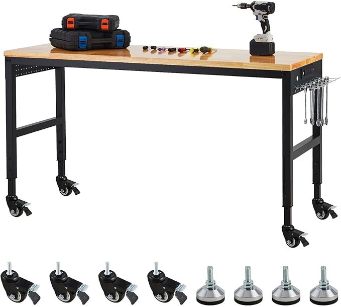 72"x25" Garage Workbench - 2000LB Capacity Work Bench with Rubberwood Top, Locking Wheels & Power Outlets, 27.8"-39.5" Height, Heavy-Duty Adjustable Workbench for Workshop/Home DIY