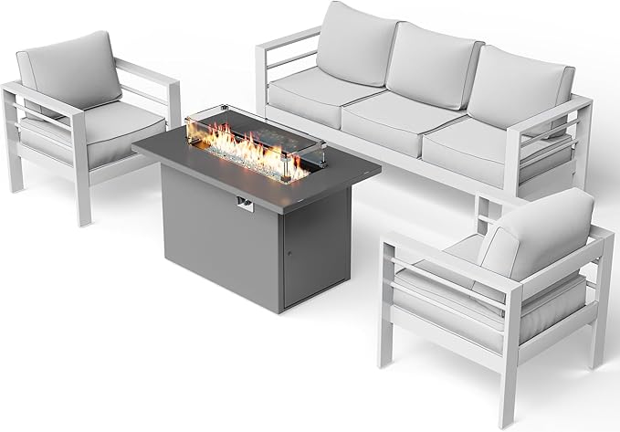 UDPATIO 8 Piece Aluminum Patio Furniture Set with Aluminum Fire Pit Table,Mordern Outdoor Furniture Set with Water-Proof Cover Included, White