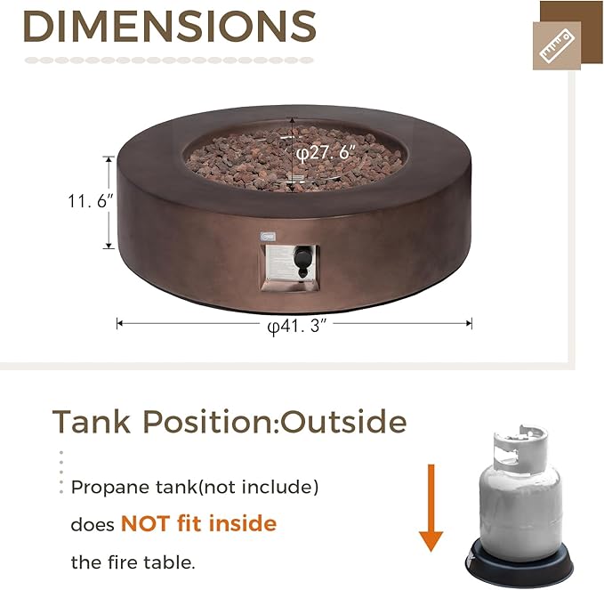 SUNBURY Outdoor 42-Inch Propane Fire Pit,Dark Brown Concrete Patio Fire Table 50,000 BTU w Waterproof Cover, Lava Rocks