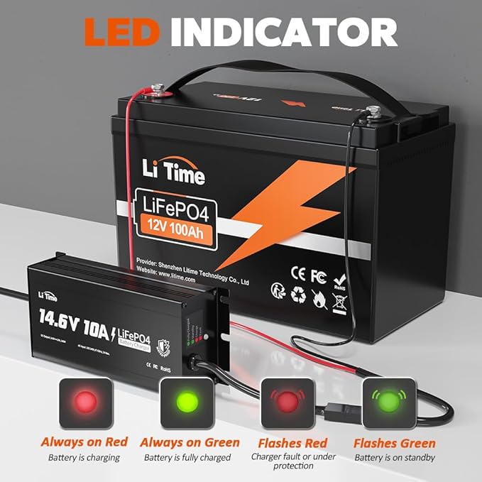 LiTime IP65 Waterproof 14.6V 10A LiFePO4 Onboard Charger, Fast Charging, 4 Safety Protections, Better Charging Performance, Extend Lithium Batteries Life, with LED Indicator, Outdoor & Marine Use