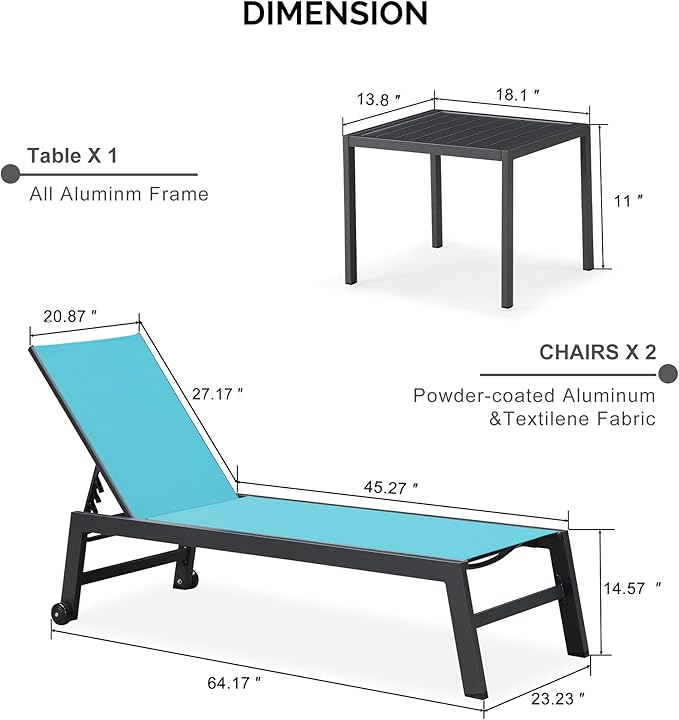 PURPLE LEAF Outdoor Patio Chaise Lounge Set 2 Pieces Pool Lounge Sunbathing Chairs with Wheels Chair for Yard (2 Turquoise Blue Lounges W/Side Table)