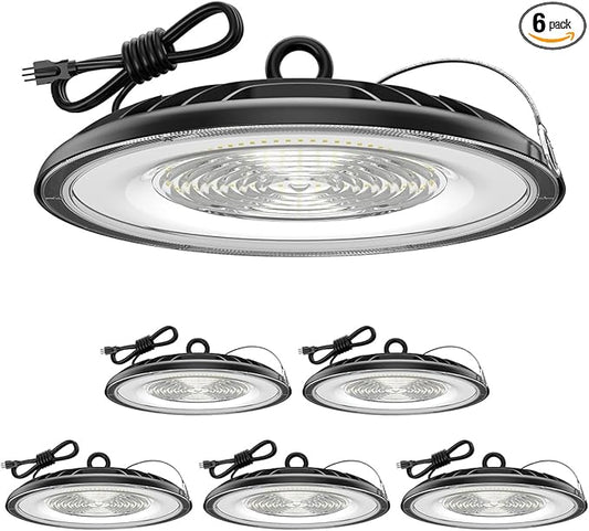 Glitgate High Bay LED Shop Lights 200W - 28000LM 5000K High Bay Light IP65 Waterproof with US Plug, Hanging Hook, Safe Cable Commercial Bay Lights for Barn, Warehouse ETL Listed 6Pack