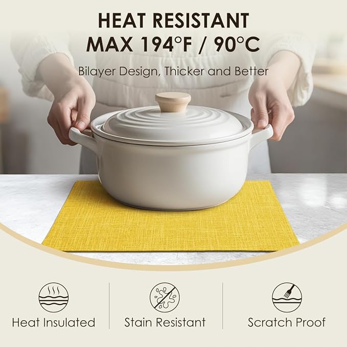 Placemats Set of 4, Bilayer Thickened Linen Place Mats Heat Resistant Machine Washable Wrinkle Free Carefully Selected Polyester Mats for Kitchen/Dining/Coffee Table (Yellow)