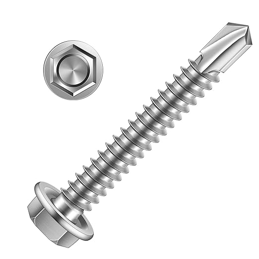 MewuDecor #8 x 2 Hex Washer Head Self Tapping Sheet Metal Screws with Drill Point, Stainless Steel 410, Self Drilling, 50 PCS