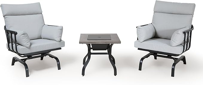 LAUSAINT HOME 3 Pieces Outdoor Patio Conversation Furniture, Luxury Motion Glider Chairs and Ice Bucket Table & Coffee Table, Rocking Chairs with Olefin Cushions, for Patios, Gardens, Balconies
