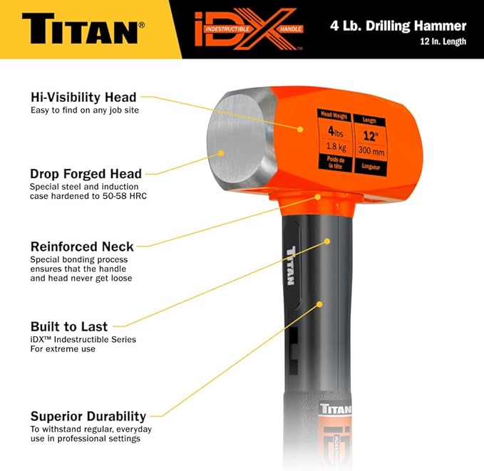 Titan iDX 63614 4lb Drilling Hammer, Sledgehammer with 12" Indestructible Handle Reinforced with Steel Locking Plates & Steel Bars, Vulcanized Rubber Grip, Overstrike Protection