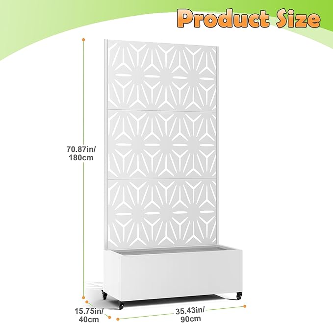 Metal Raised Garden Bed with Trellis, 2-in-1 Planter Box & Privacy Screen for Climbing Plants, Outdoor Standing Flower Bed with Drainage Holes, 35.4" L x 15.7" W x 70.1" H, White-Star