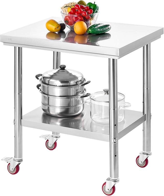 VEVOR Stainless Steel Table, 24 x 30 Inches Food Prep Worktable with Wheels, Kitchen Prep Table with Adjustable Undershelf Workstations for Commercial Kitchen, Restaurant, Hotel and Garage, Outdoor