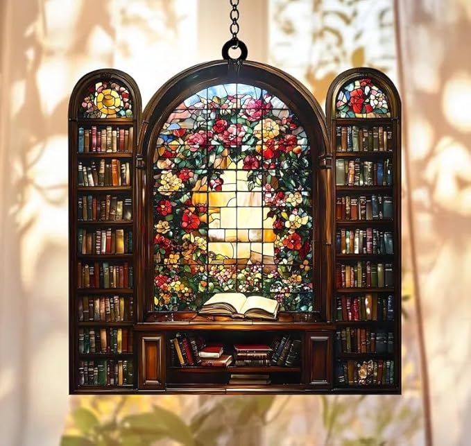 Bookshelf Christmas Ornament Floral Bookish Acrylic Suncatcher Stained Glass Effect Window Hanging for Book Lover Reading Nook Decor Gift for Librarian Readers