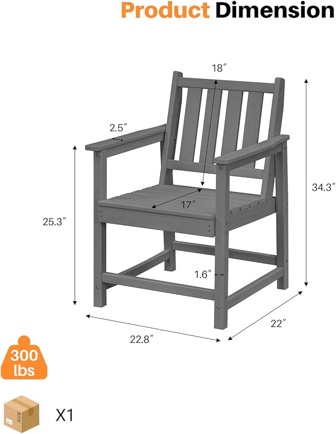 Patio Dining Chair Set of 2, HDPE Outdoor Dining Chair, Ergonomic HDPE Dining Chairs with Deep Seating, All Weather Outdoor Chairs Furniture for Backyard, Deck, Garden, Poolside, Smoke Gray