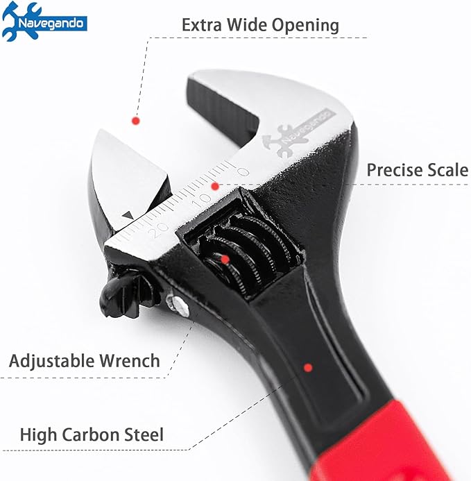 Navegando Adjustable Wrench Set, 3-Piece Adjustable Wrenches 6-inch, 8-inch, 10-inch, Extra-Wide Jaw and Soft Grip Wrench Set, for Automotive, Plumbing, Household Repairs