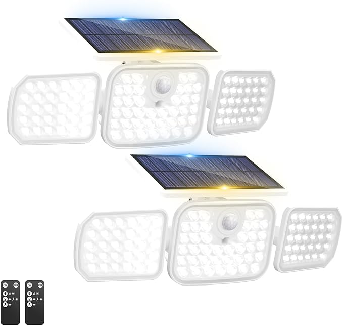 Peasur 2 Pack Solar Motion Lights Outdoor with Remote Control, Solar Security Light with 3 Modes, IP65 Waterproof Flood Lights Outside for Camping Garden Patio Garage Backyard, White
