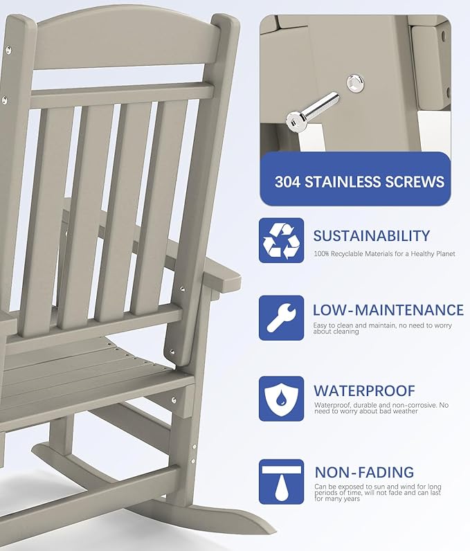 FOOWIN Outdoor Rocking Chair Set of 4, High Back Patio Rocking Chair, HDPE All Weather Resistant Porch Rocker for Adult, Oversized Rocking Chairs for Garden, Lawn, Indoor & Outdoor Use, Sand