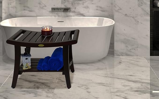 DecoTeak Harmony 24 Inch Brown Waterproof Teak Wood Shower Bench | Provides Safety, Storage, and Organization for Bathroom Accessories