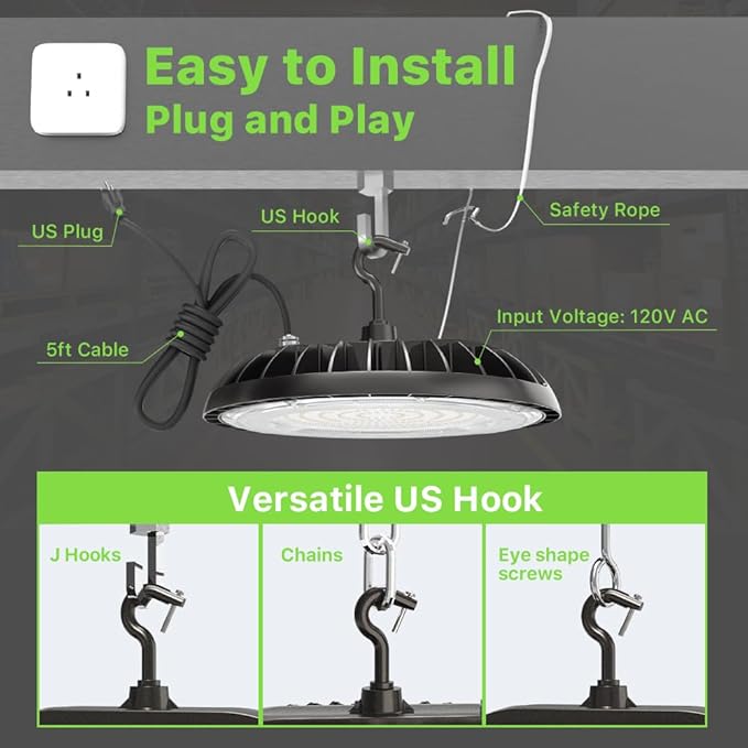 Glitgate LED High Bay Light 150W, 21000lm 5000K UFO Led High Bay Light(600W MH/HPS Equiv.), Commercial Bay Lighting with 5ft Cable US Plug for Garage Shop Barn Warehouse
