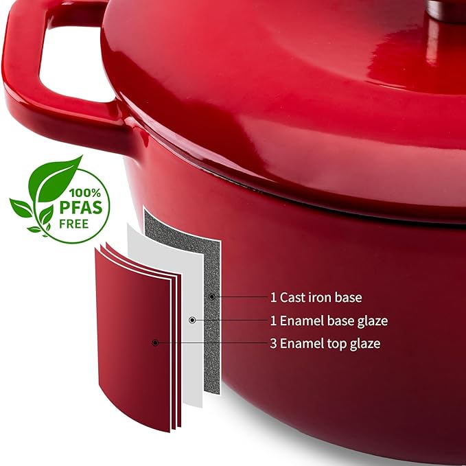 Enamel Cast Iron Dutch Oven with Lid,Dual Handles,Heavy-Duty Cookware for Sourdough Bread Baking,Braising,Stews,Roasting,Oven Safe up to 500° F,5.5QT,red