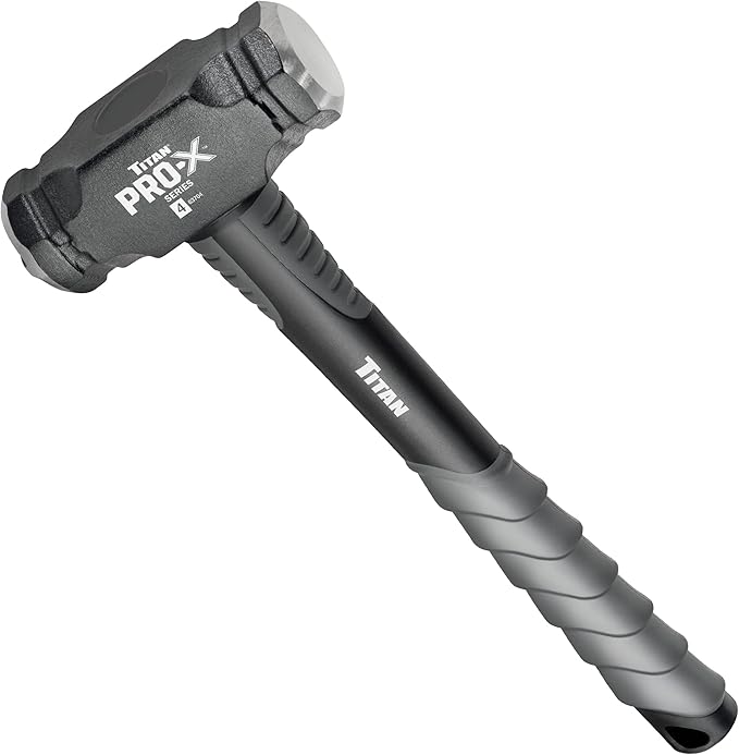 Titan Pro-X 63704 4lb Drilling Hammer, Dual-Face Sledge with Cross-Pattern Face for Concentrated Power & Flat Face for Stake Driving, Overstrike Protection, 15" Fiberglass Handle with Textured Grip