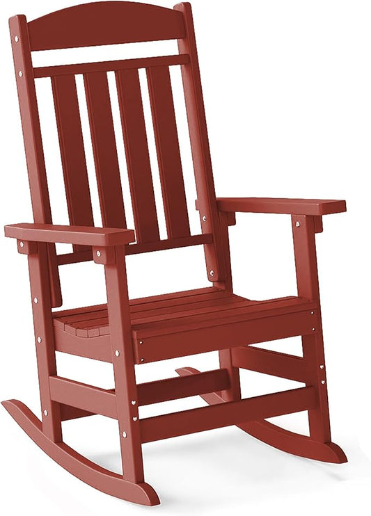 FOOWIN Outdoor Rocking Chair, High Back Patio Rocking Chair, HDPE All Weather Resistant Porch Rocker for Adult, Oversized Rocking Chairs for Garden, Lawn, Indoor & Outdoor Use, Dark Red