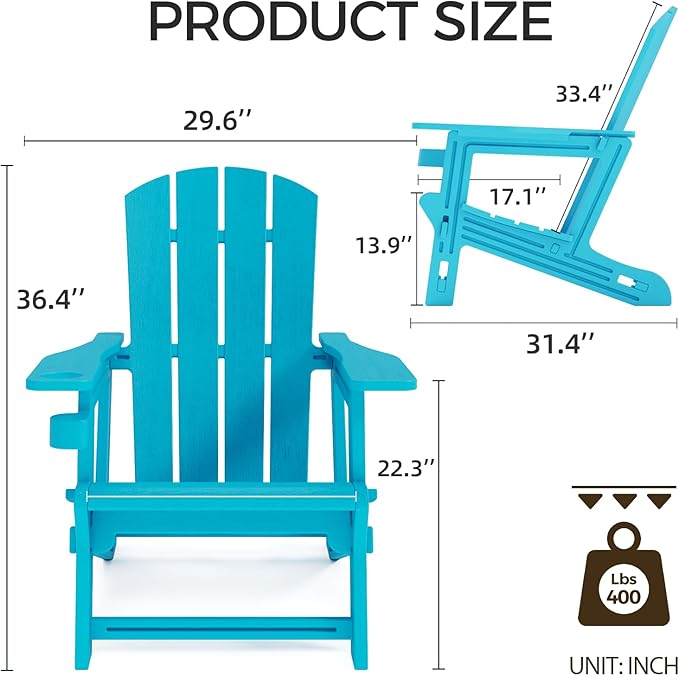 FONTOI Adirondack Chair, Plastic Outdoor Patio Adirondack with Cup Holder, 400 LBS Capacity Recliner Chair Garden for Backyard Lawn Beach Sky Blue