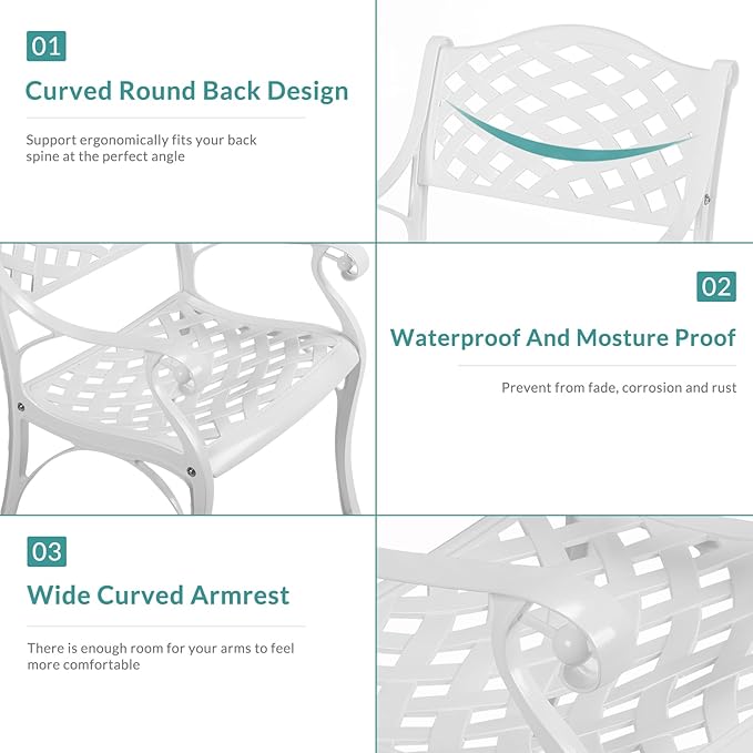 MEETWARM 3 Piece Patio Bistro Set, Outdoor All-Weather Cast Aluminum Dining Furniture Set Includes 2 Chairs and a 35.4” Round Table with Umbrella Hole for Garden Deck, White