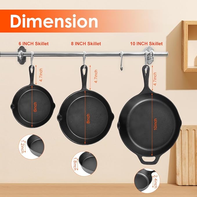 Suteck Cast Iron Skillet Set 3 piece | 6", 8" & 10" Pre-Seasoned Cast Iron Pans with 3 Silicone Heat-Resistant Holders - Indoor and Outdoor Use - Oven Grill Stovetop Induction Safe Cookware