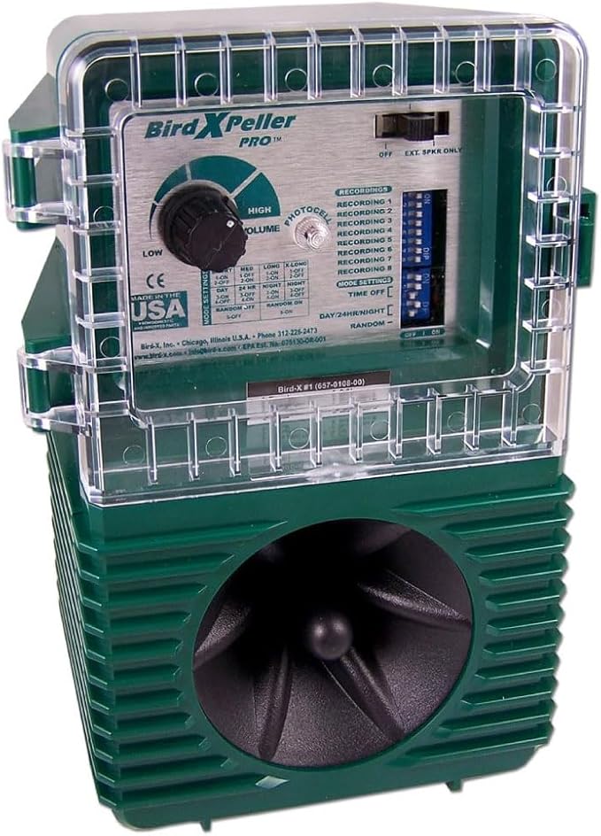 Bird-X Woodpecker PRO Electronic Bird Preventer, Sonic Decoy Device, Perfect for Woodpeckers and Sparrows, Covers up to 1 Acre, 3-5 kHz Frequency, 6" x 8.5" x 4"