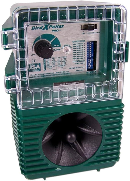 Bird-X Woodpecker PRO Electronic Bird Preventer, Sonic Decoy Device, Perfect for Woodpeckers and Sparrows, Covers up to 1 Acre, 3-5 kHz Frequency, 6" x 8.5" x 4"
