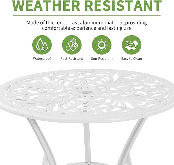 3 Piece Bistro Table Set,Outdoor Cast Aluminum Bistro Patio Table and Chair Set with 1.97" Umbrella Hole,All Weather Outdoor Dining Set for Garde,Porch,Balcony(White)