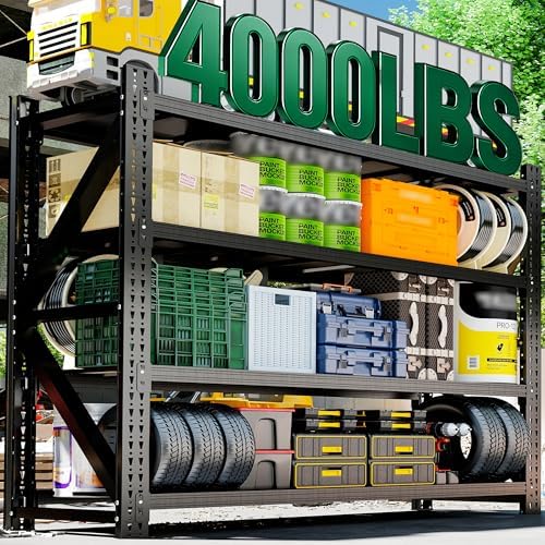 4-Tier Heavy Duty Garage Shelving,Industrial Shelving for Commercial & Home Use,Garage Storage Racks Heavy Duty Steel Shelves,Ultra-Wide Metal Rack for 3‑Car Garages,Warehouses,Workshops