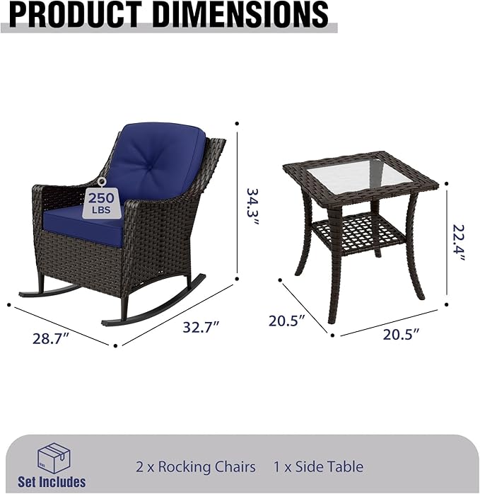 COOS BAY Stone Harbor Patio Bistro Set, 3 Piece Rattan Patio Table and Chairs Set, Wicker Rocking Chairs with Side Table, Small Balcony Furniture Set, Brown/Blue