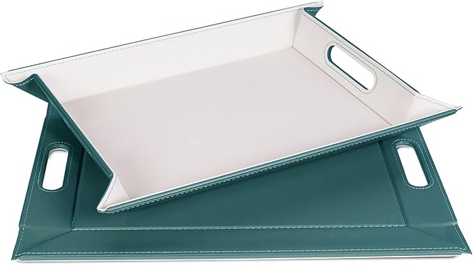 PLACEsMAT 2-in-1 Faux Leather Placemat & Serving Tray | Reversible Design, Lays Flat & Easy to Clean | Ottoman Food Tray, Perfect Housewarming Gift, 18” x 14” (Soft Teal & White, Single)