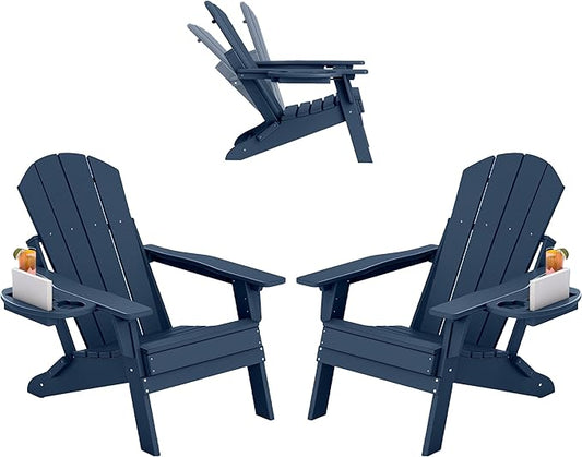 FOOWIN Folding Adjustable Adirondack Chair Set of 2,HDPE Adirondack Chair w/4 in 1 Cup Holder Trays,All-Weather Resistant Fire Pit Chair, Outdoor Chair for Patio Lawn Poolside,400lbs,Navy Blue