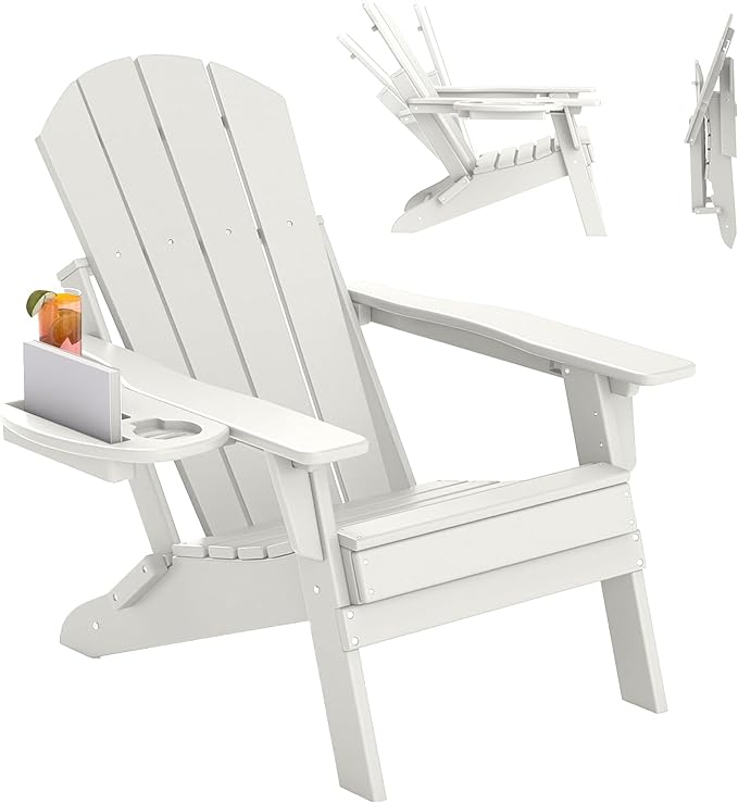 FOOWIN Folding Adjustable Adirondack Chair,HDPE Adirondack Chair w/4 in 1 Cup Holder Trays,All-Weather Resistant Fire Pit Chair, Outdoor Chair for Patio Lawn Poolside,400lbs,White