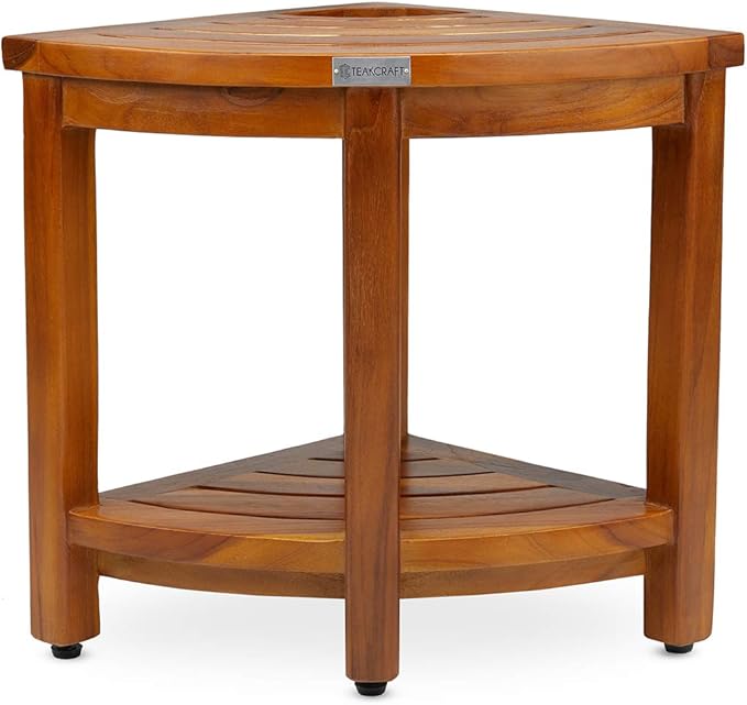 TeakCraft Teak Corner Bench with Shelf and Basket, Fully Assembled, 16 Inch, The Loki
