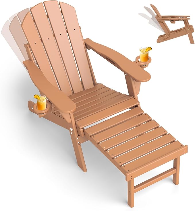 GREENVINES Adjustable Adirondack Chair with Retractable Ottoman | Folding | HDPE Plastic | Fire Pit Chairs w/Foot Rest | 2 Cup Holders | Teak | for Outdoor Patio Poolside Deck